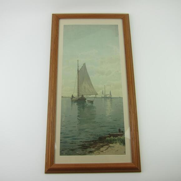 Antique Art Print Sailing Ship Blue Point Oyster Boats Alfred T. Bricher Framed